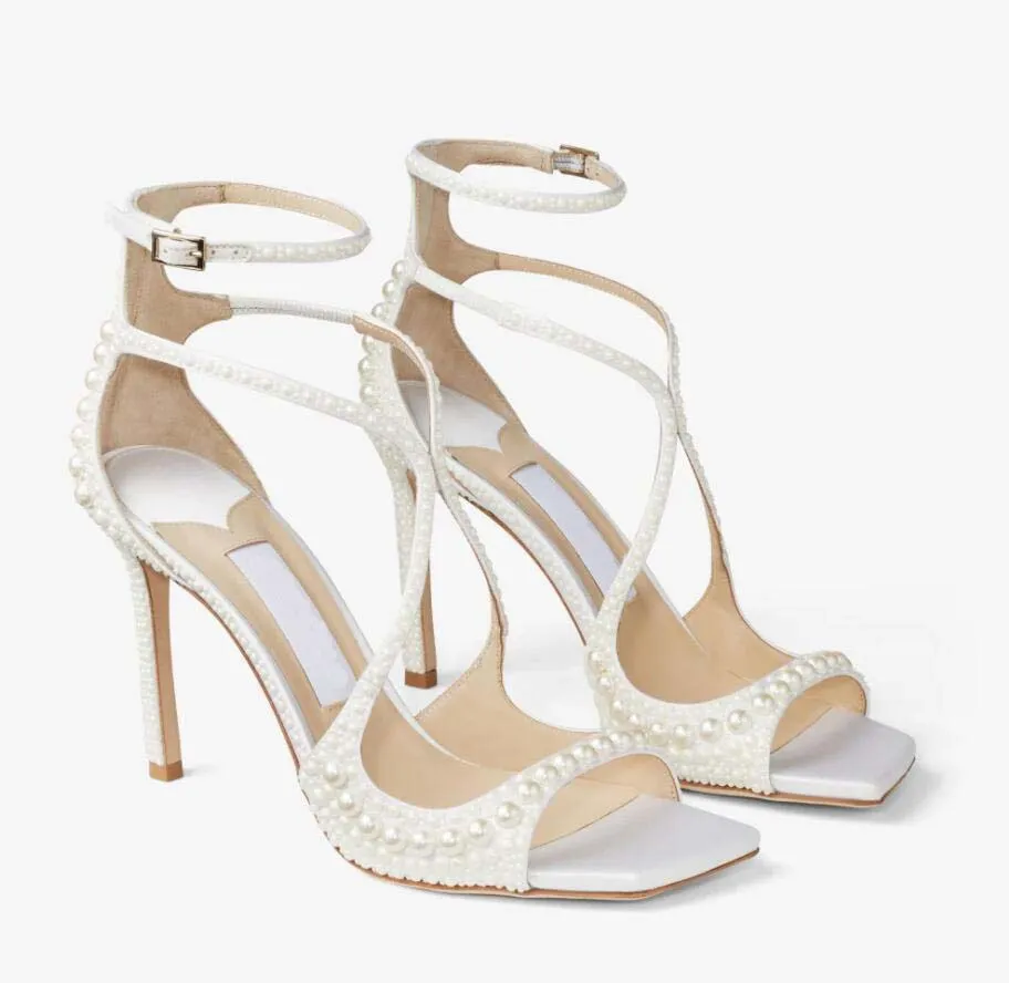Scarpe di design di lusso Azia Sandali in pelle Sandals da donna Apri apertura per la signora Pompe da sposa Abito da festa Brider Heel Shoe