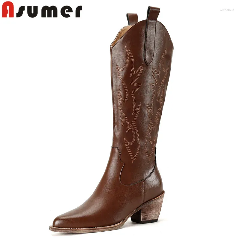 Stivali Asumer 2024 Guida ginocchio in pelle Teli quadrate invernali Inverno Slip on Embroider Western