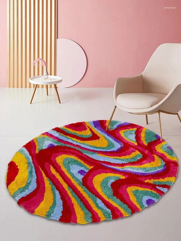 Mattor Coloful Groovy Tufted Rug Retro Round Area For Living Room Bedroom Fluffy Plush Circle Abstrakt konstgolvmatta