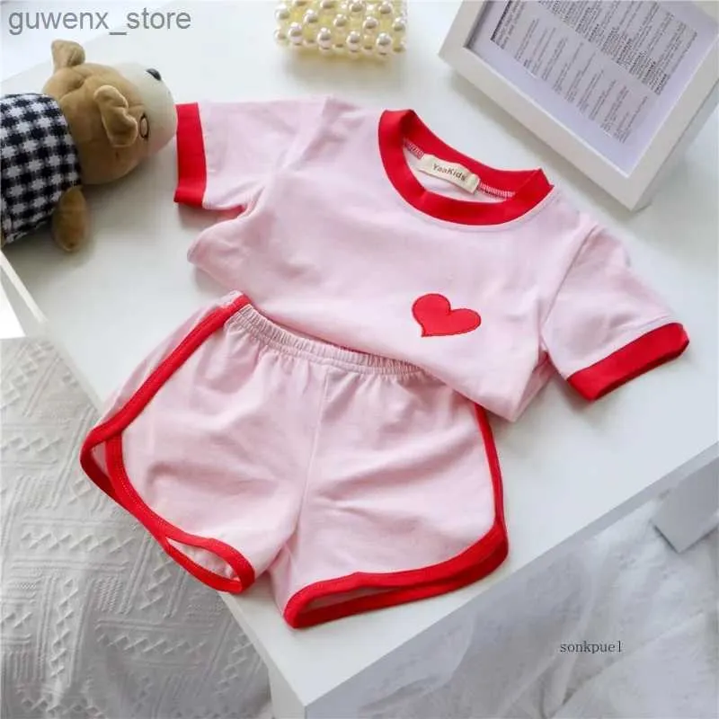 Clothing Sets 2 Pcs Girls Clothes Set 2024 Summer Children Clothing Pink Short Sleeve T-shirt and Shorts Girl Baby Clothes Casual Suit Y240415