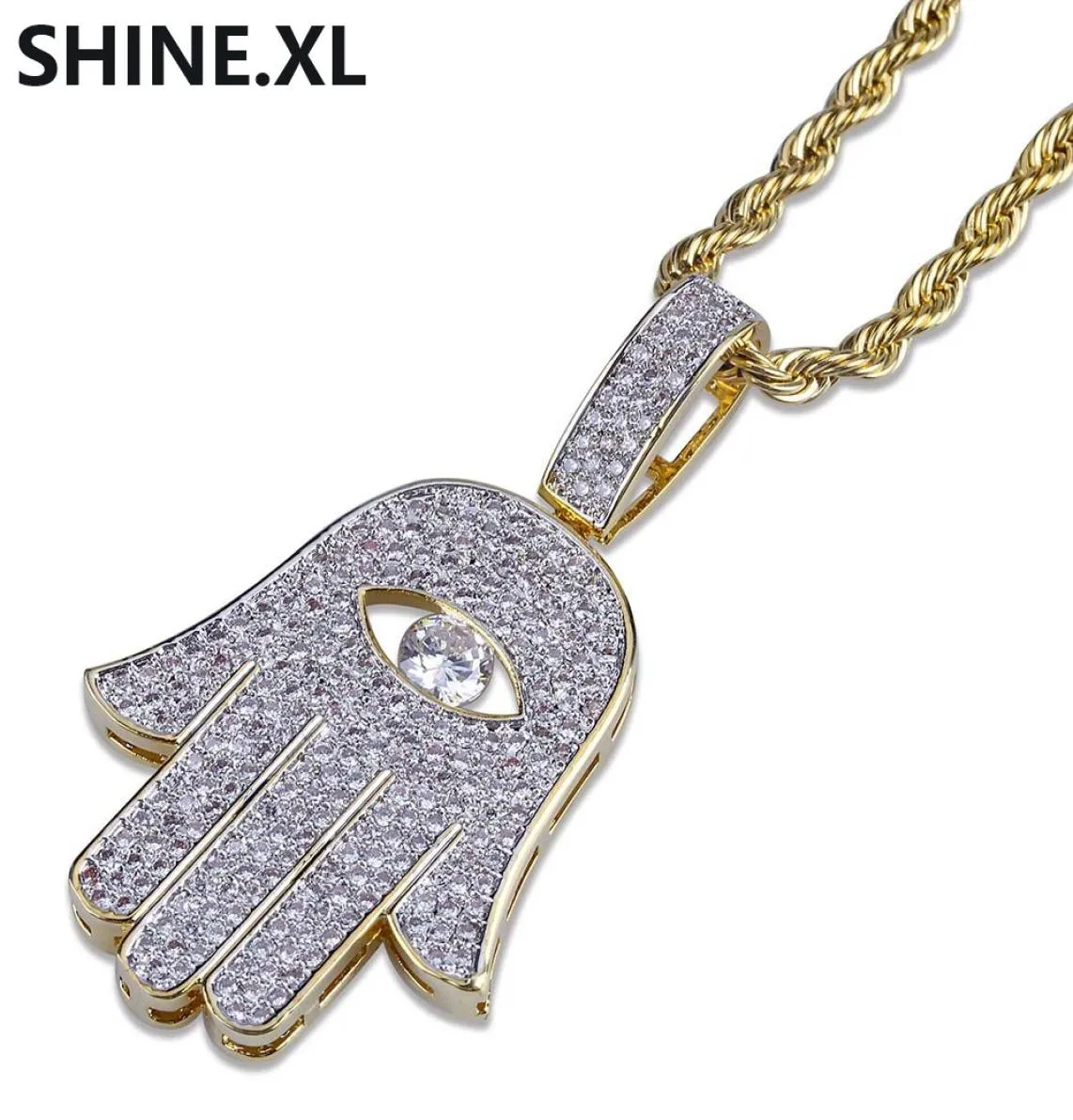 Hip Hop Evil Eye Hand Hamsa Anhänger Halskette Damen Goldfarbe plattiert vereisere Mikro gepflastert Cz Chain6909048