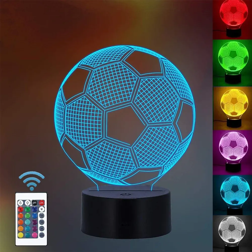 Football 3D illusion lampe nocturne avec télécommande 16 couleurs Contrôle Changement décor anniversaire Cadeaux de Noël