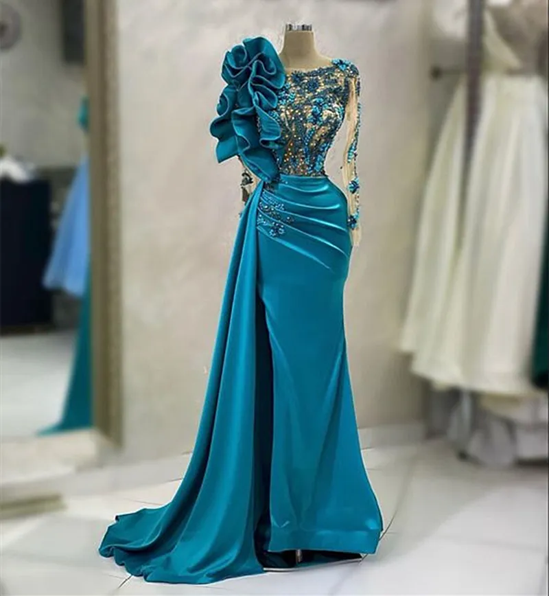 Ruffles Abiti da sera a sirena in perline Appliques in pizzo Equipaggio Lettette in raso Abito da maniche lunghe per donne 2024 abito da ballo elegante abito speciale