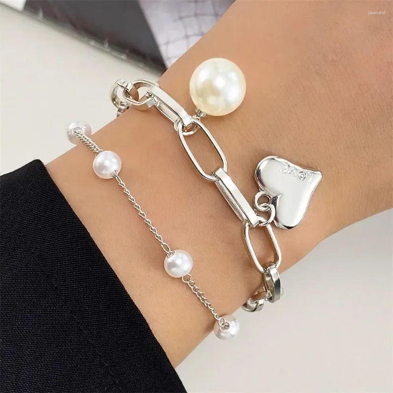Ссылка браслетов 2024 Fashion Love Heart Pendant Bracelet Set для женщин для женщин Корейская модная жемчужная цепь подарки
