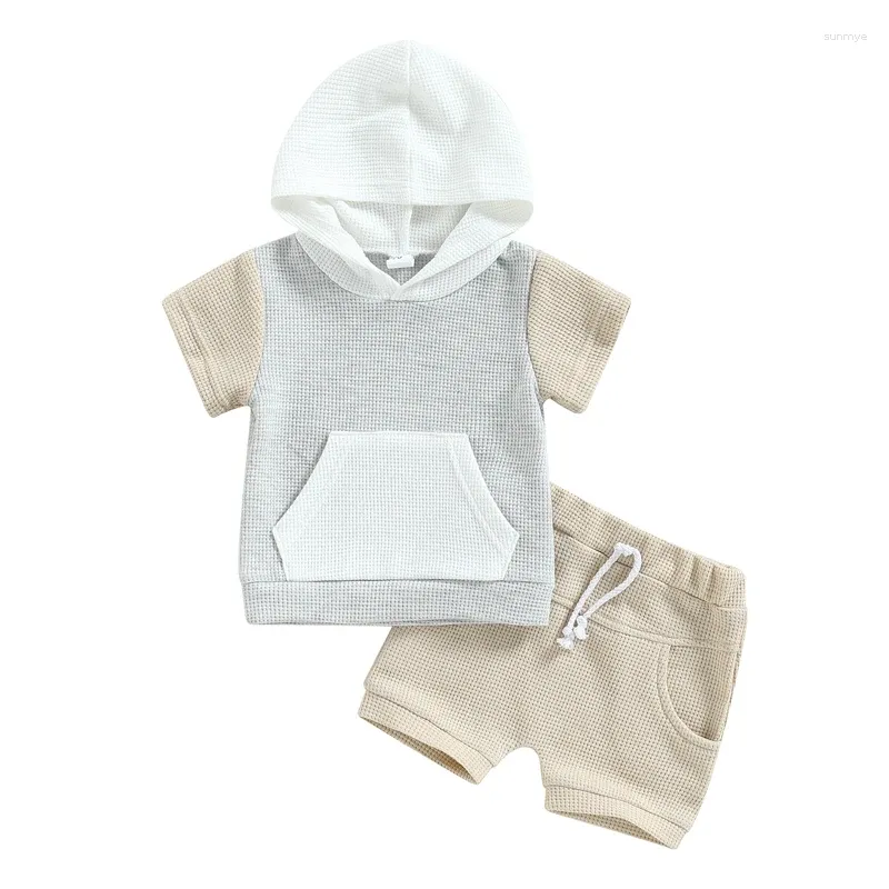 Zestawy odzieży niemowlę dzieci letnie ubrania Kontrast krótkie rękawowe bluzę z kapturem joggera szorty 2pcs gofry zwykłe stroje