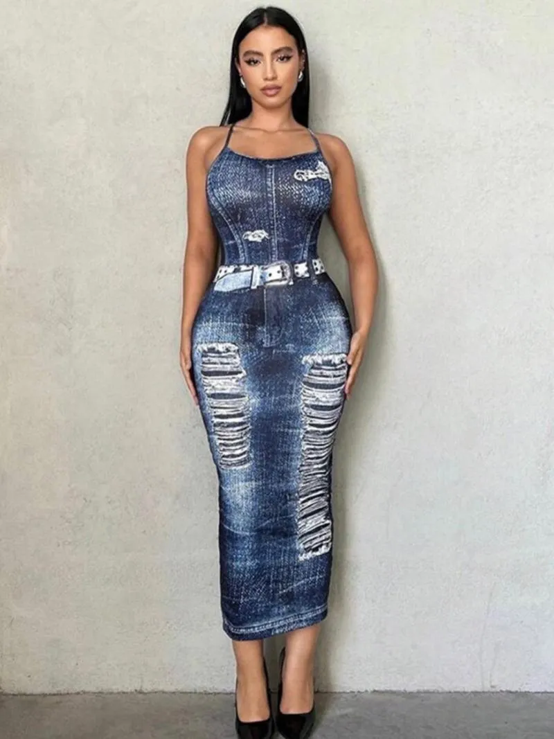 Casual Dresses Fashion Style Women's Clothing Fall Sexy Backless Slit Printing Denim Hip-Wrapped Slim Fit Dress