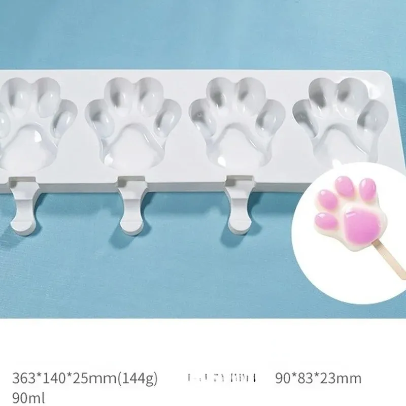 4/8 Cell Magnum Silicone Mold Ice Cream Mold Cute Cat Paw Heart Form for Kids with Wooden Sticks Popsicle Molds DIY Ice Tray