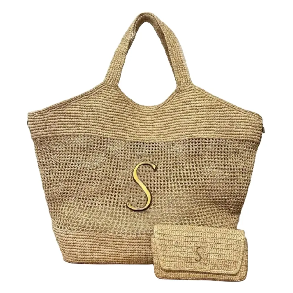 ICare YSLBags Raffias Straw Tote Tas Schoudertas Designer Tas Luxe handtas Dames grote klassieke strandhandtas luxe stro geweven metalen letter spiegel kwaliteit