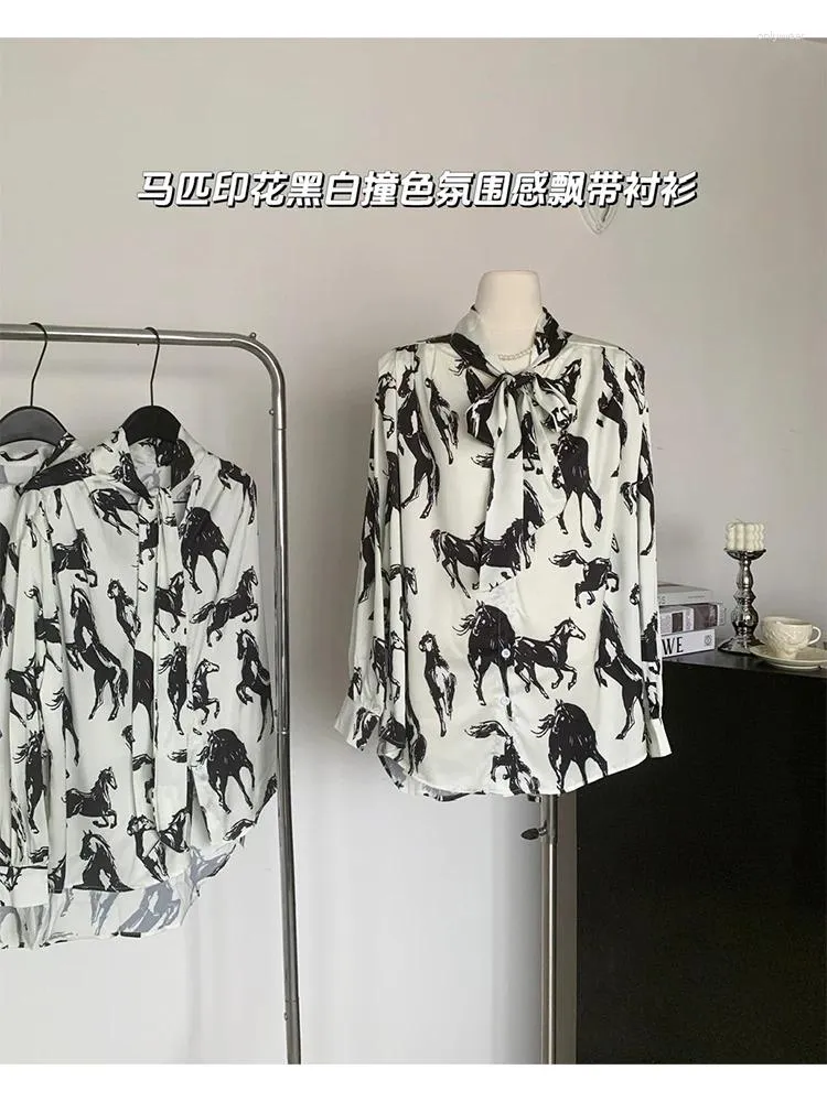 Women's Blouses Women Horse Print Shirts Vintage Harajuku 90s Aesthetic Y2k 2000s Elegant Long Sleeve Bandage Clothes 2024