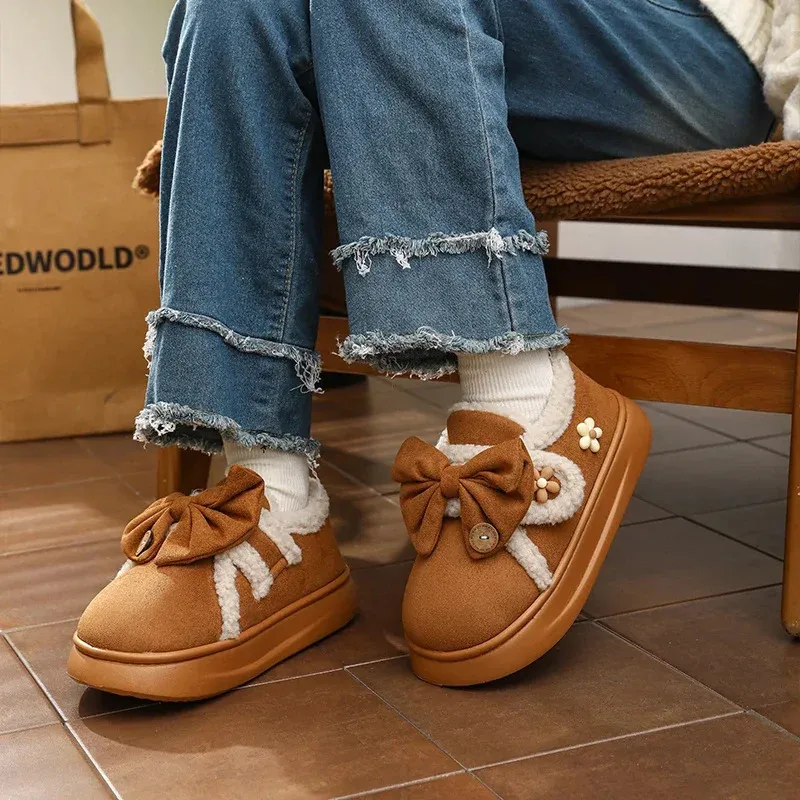 Womens Heeled Snow Boots: Elegant Winter Flower Decor Cotton Shoes