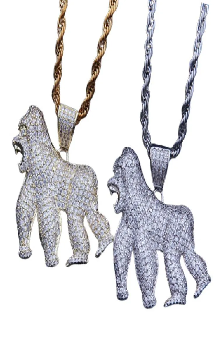 Colliers pendants hip hop glacé en plein cz bling king roaring gorille collier hommes charms rappeur de mode