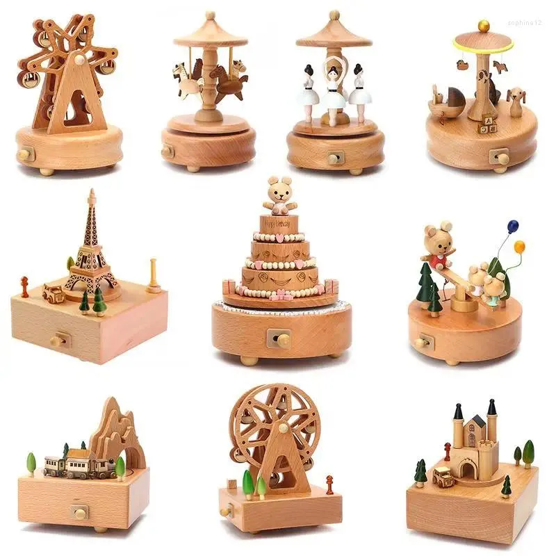 Dekorativa figurer avvecklas Musiklåda trägemusik trähantverk retro födelsedagspresent vintage hem dekoration tillbehör jul