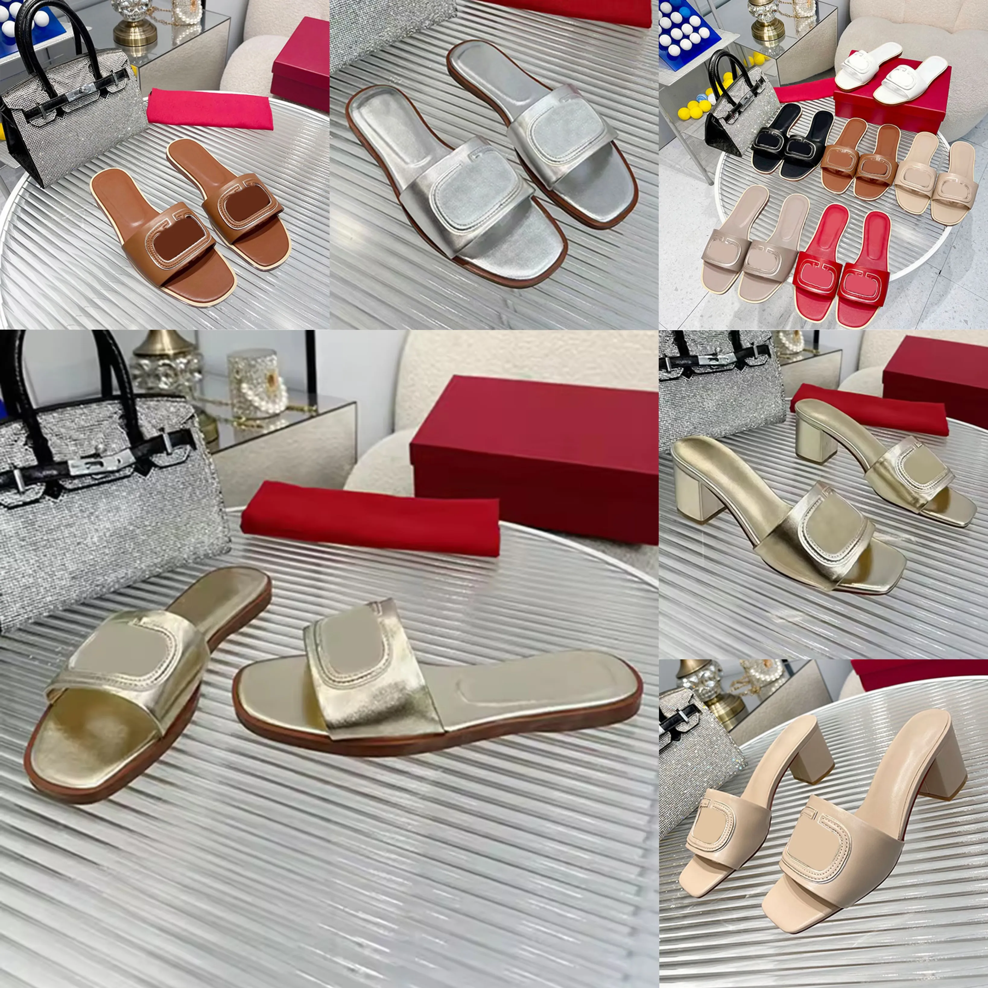 Leather Women High-heeled Slippers Summer Fashion Sandals Hollow Beach Flat Slipper Chunky Party Golden Shoes Comfortable Soft Slip-brand Leather New Slippers Box