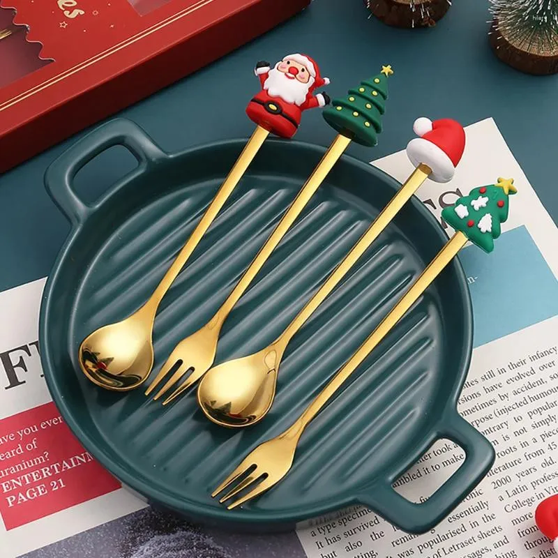 Coffee Scoops 4PC Set Metal Merry Christmas Spoons Fork Elk Decorations For Xmas Party Gifts Navidad 2024Kitchen Scoop Supplies