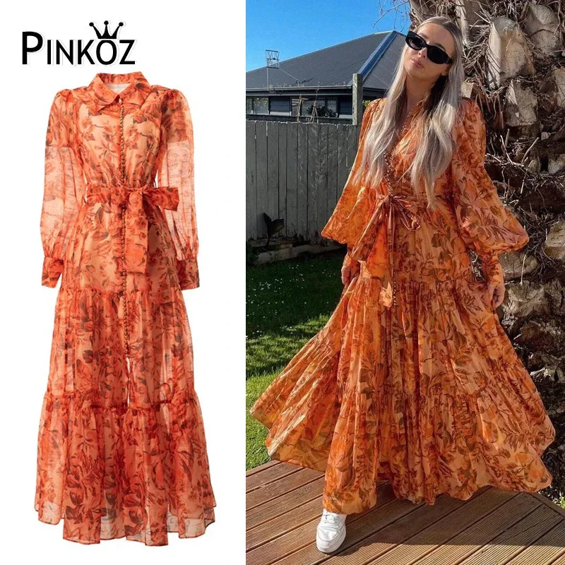 Pinkoz Runway Designer Summer Spring Orange Printed Maxi Dress Single Breasted Lantern Sleeve Long Party Holiday Vetidos Sashes 240410