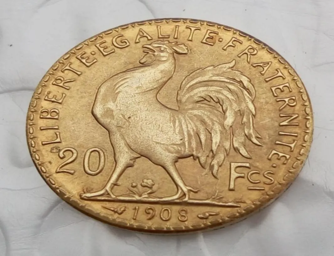 Frankrike 20 Francs 1908 Rooster Gold Copy Coin Shippi Brass Craft Ornaments Replica Coins Home Decoration Accessories2143695