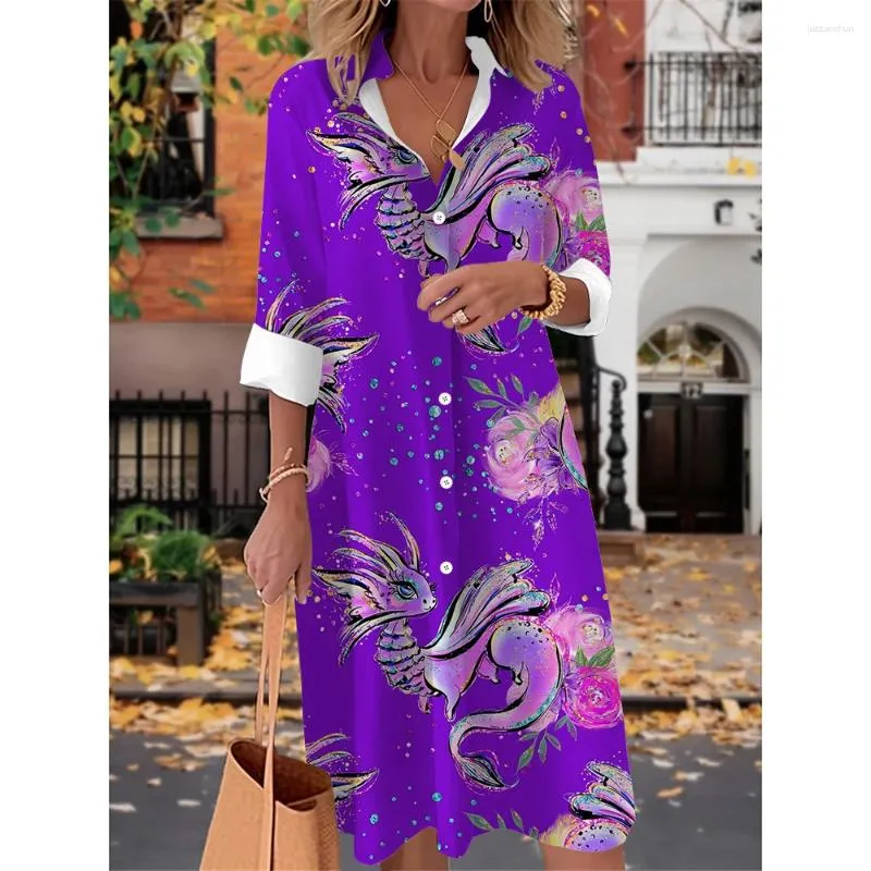 Casual Dresses Spring Long Dress Purple Sleeve Shirt Women's Button Printing Loose Elegant Ladies Midi