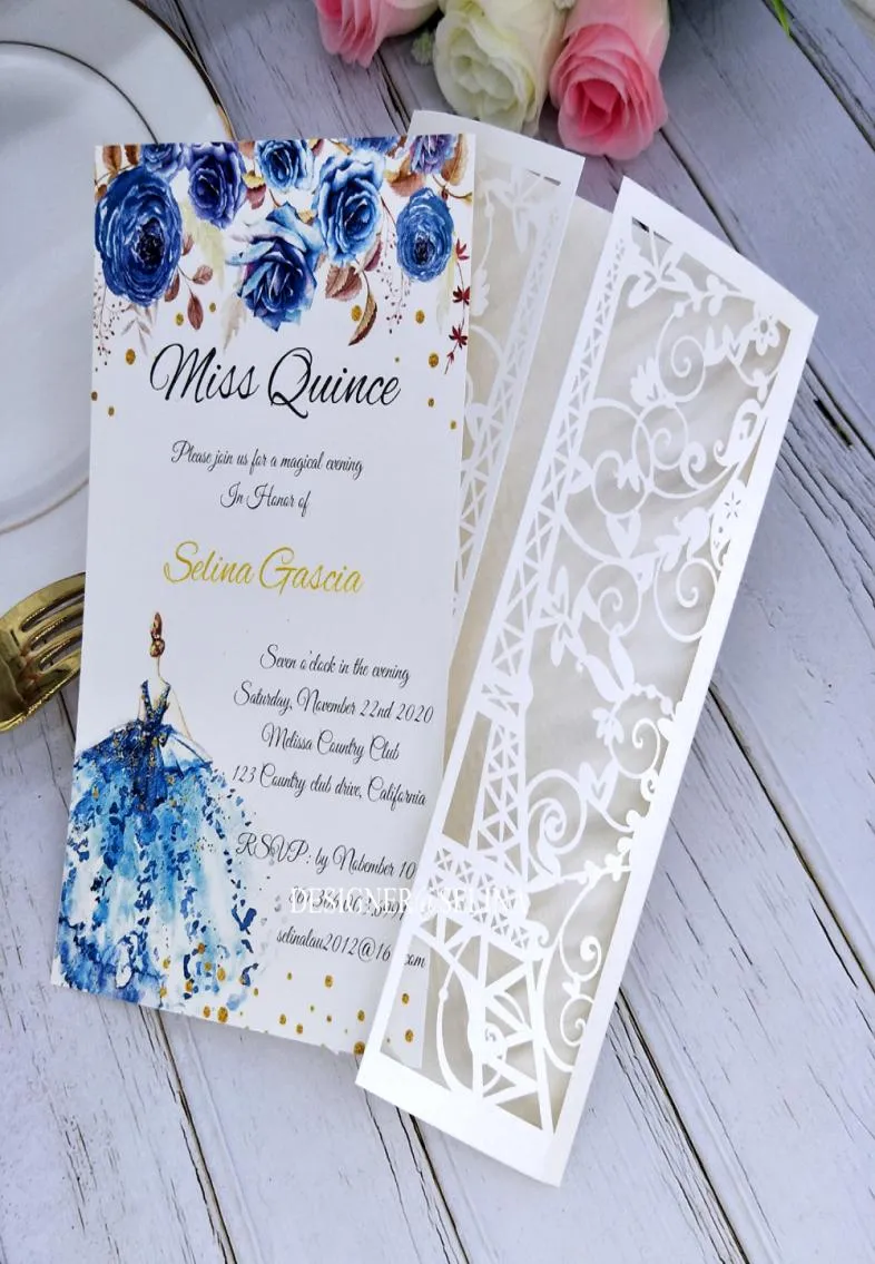Cream Paris Tower Laser Cut Pocket Wedding Inbjudningar DIY Utskrivbar inbjudan för Quinceanera XV födelsedagsmiddag Invites5873207