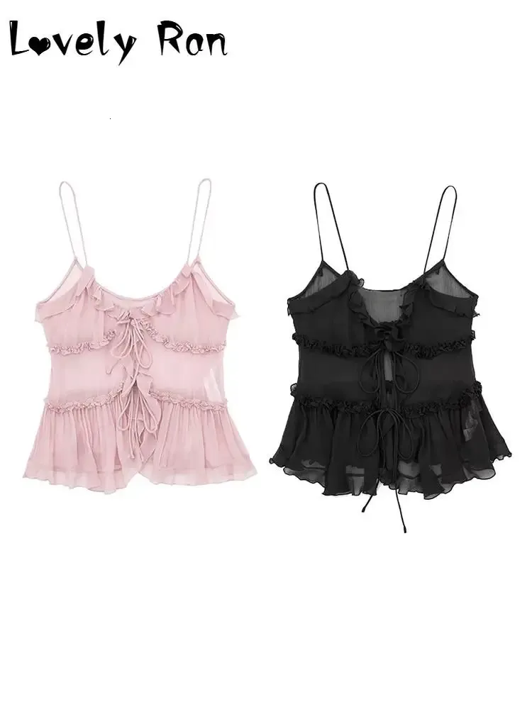 Fashion Ruffle Pink Cropped Tops Women Y2K Sexy Sleeveless See Through Tops Summer Translucent Backless Layered Suspender Vest 240412