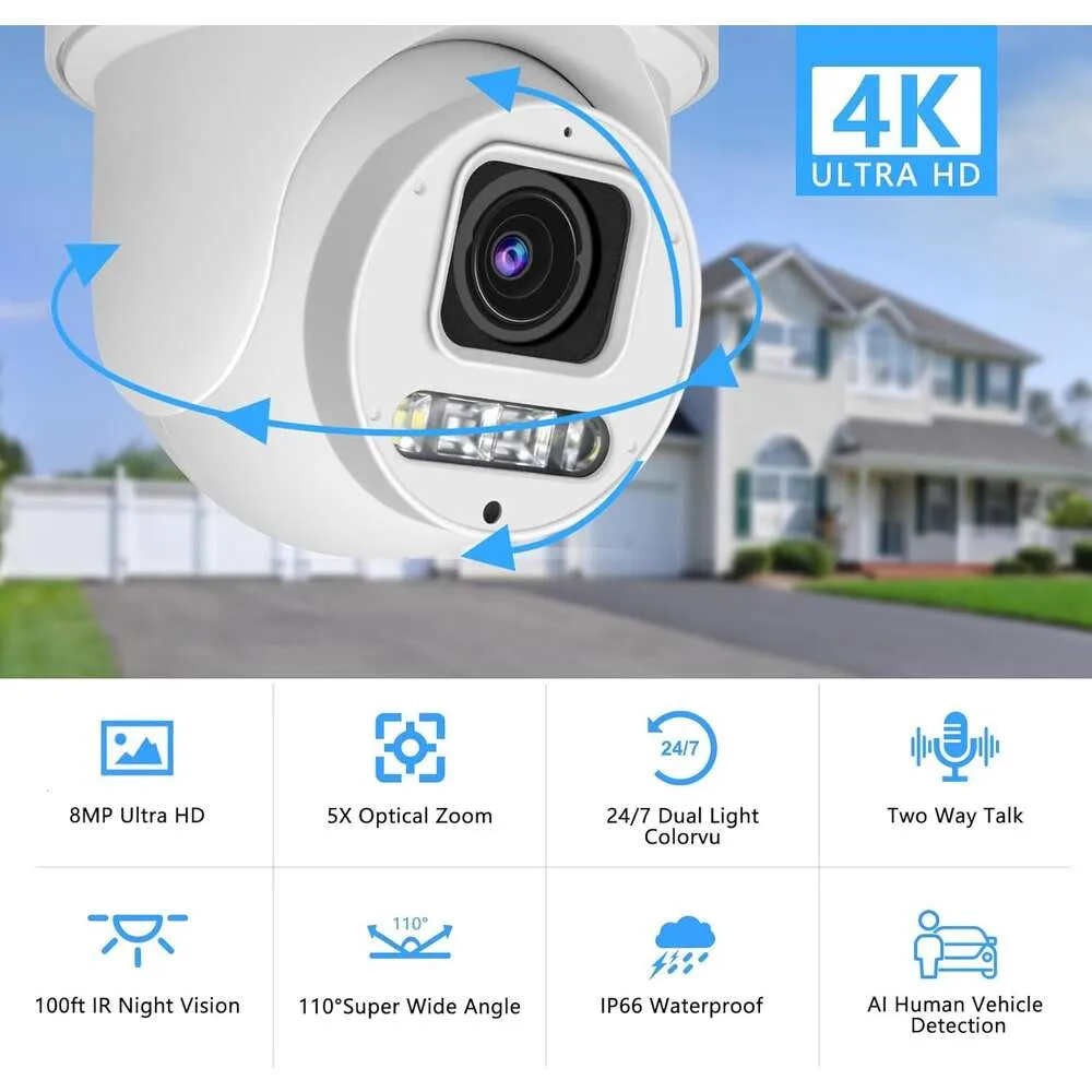 8MP Outdoor 4K IP PO PTZ Dome Camera met 5x optische zoom, Pan/Tilt, Two -Way Talk, SD -kaartsleuf, 100ft IR Night Vision - Human/Vehicle Detection