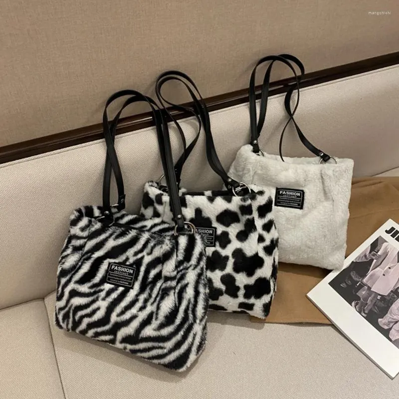 Omuz çantaları kadınlar tüylü çanta çok yönlü kabarık satchel zebra/inek desen sevimli çanta çanta bulanık hobo kız şık çanta