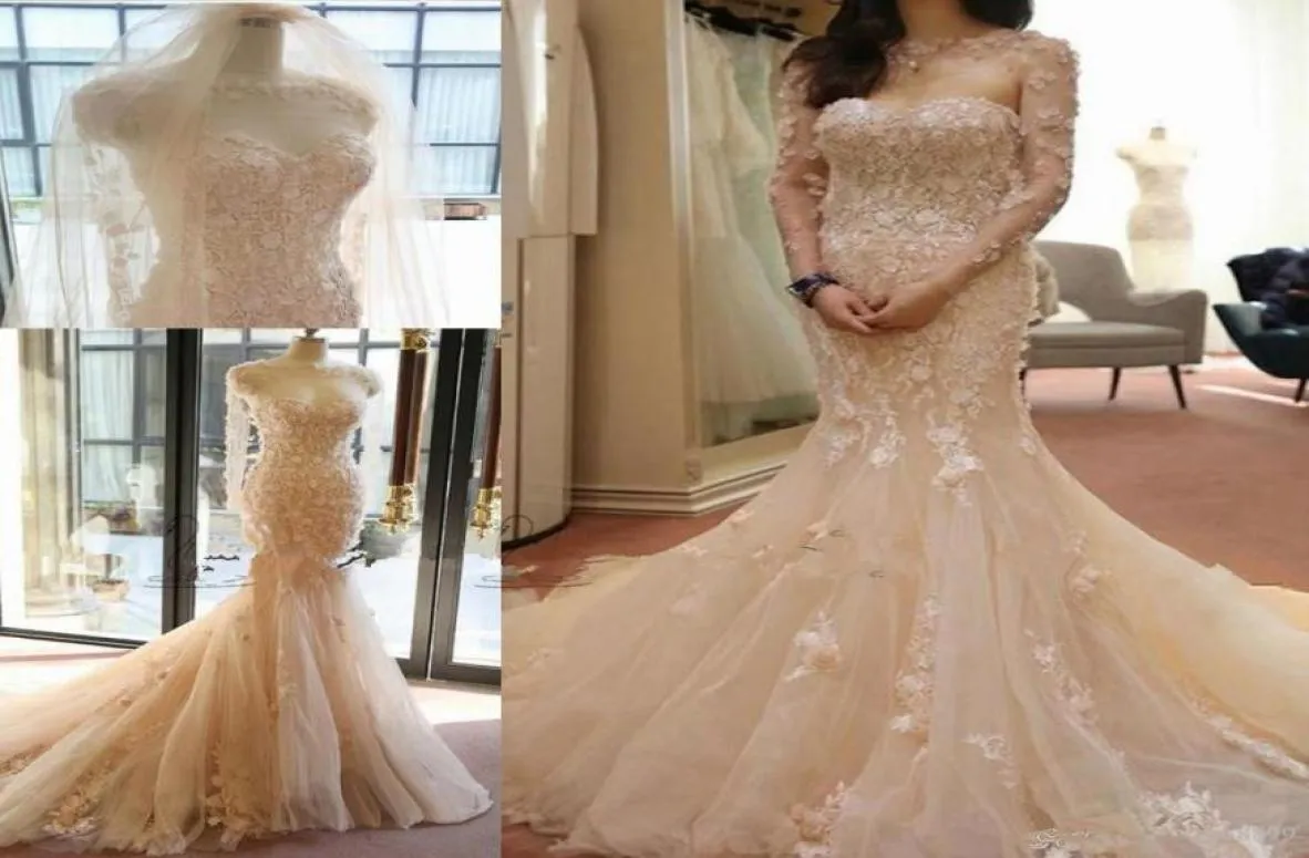 Eleganckie sukienki ślubne z szampana szampana z długim rękawem ręcznie robionym kwiatowym suknia ślubna wiejska z koronkowymi aplikacjami 3D F8051666