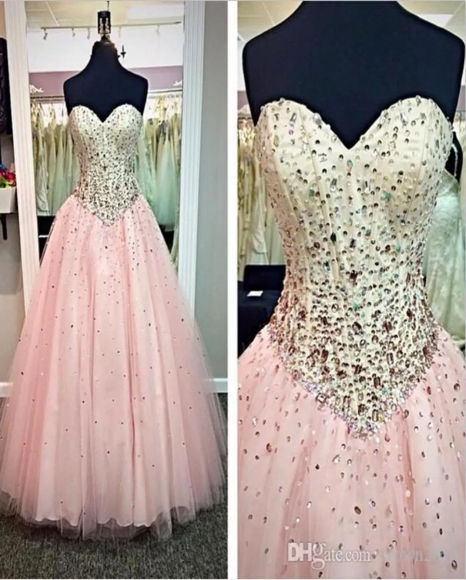 Pink Sweetheart Quinceanera Ball Glows Prom Dresses Spring Summer Backless Tulle plus size aftonklänning Lace Up Beaded Celebrity 5692303