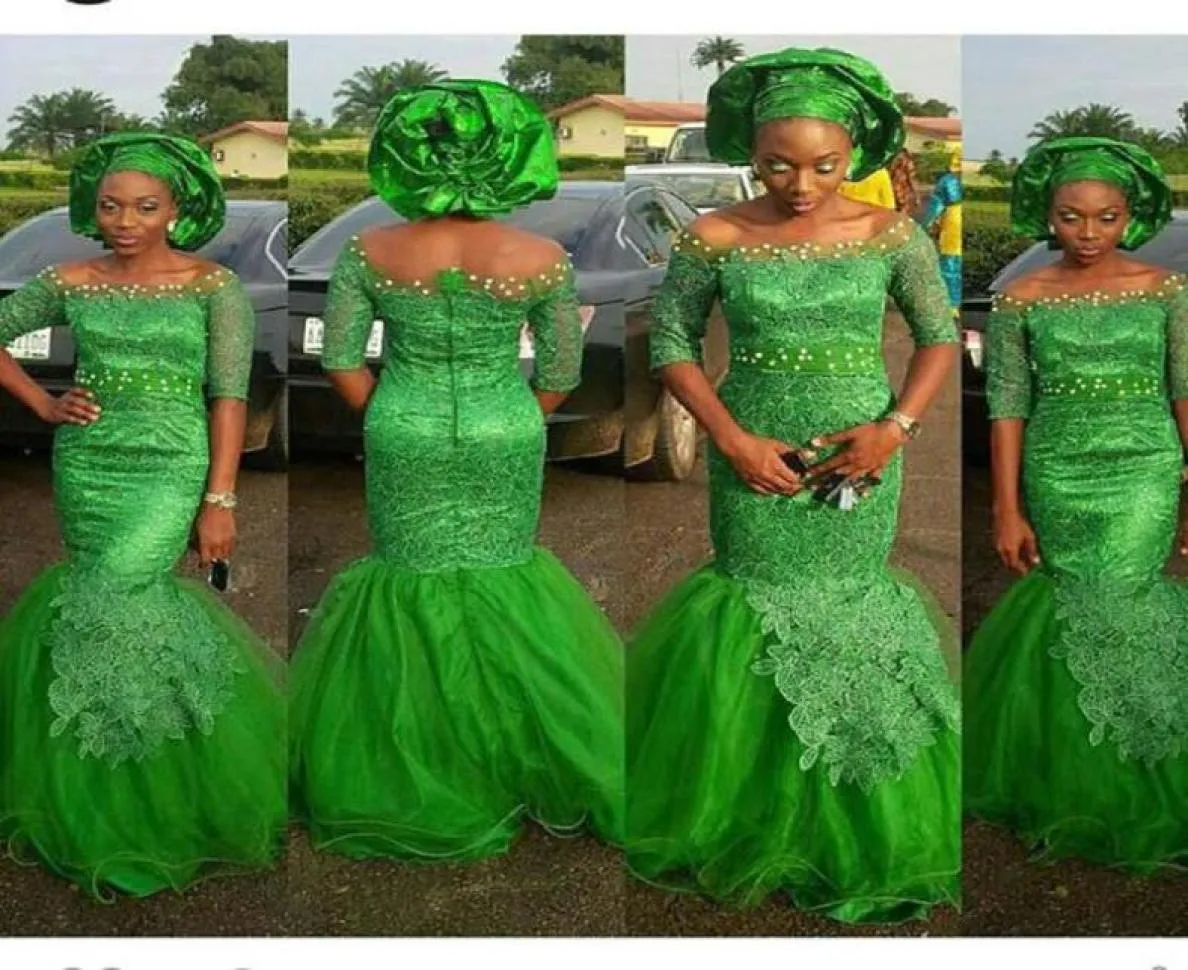 Green Lace Bellanaija Arabic Evening Dresses Half Sleeve 2019 New Nigerian Styles African Fashion Off Shoulder Mermaid Traditional1298916
