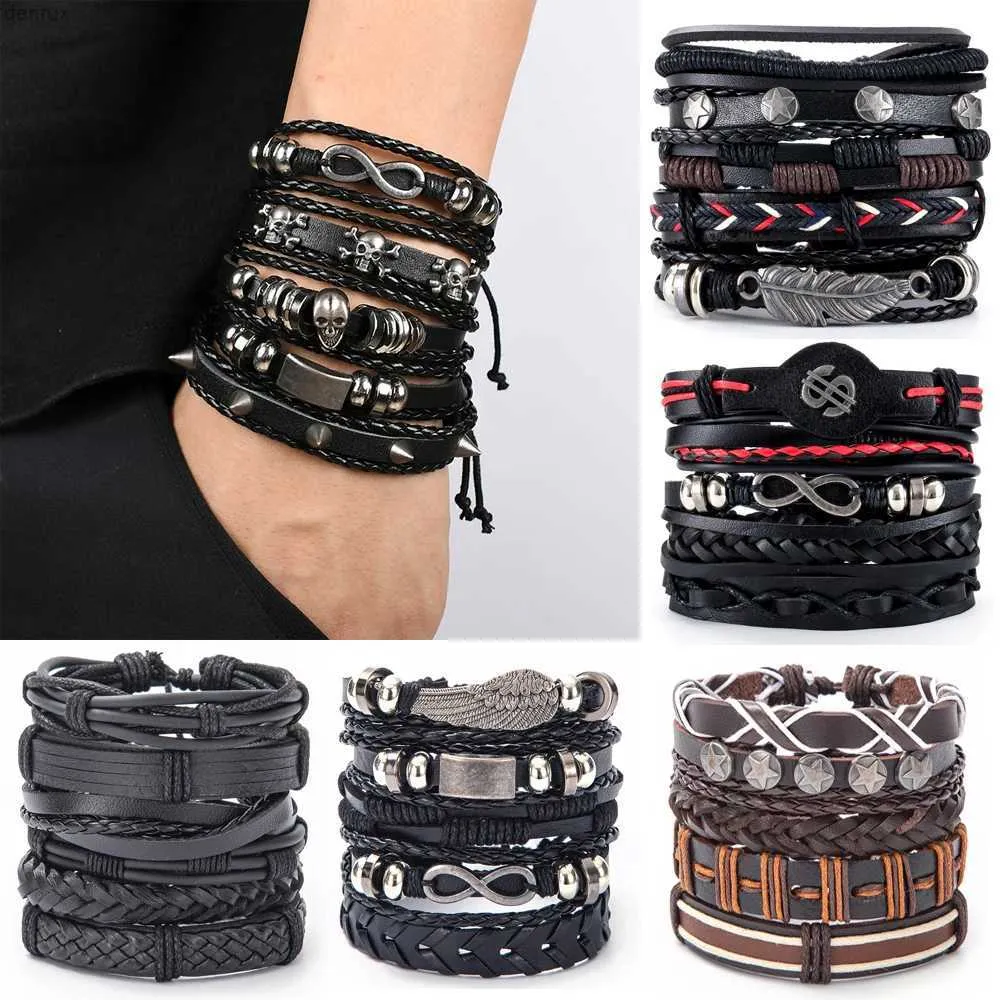 Otras pulseras EIF Dock Vinatge Gothic Punk Star Star Metal Multicape Pulsera de cuero Men Bracelets brazaletes de brazo Malaal240415