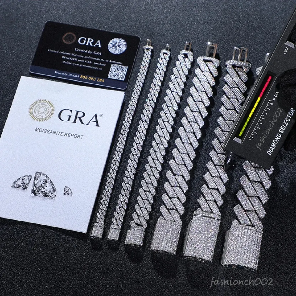 Bracciale VVS Moissanite Iced Out Diamante 18mm Colore Oro Argento Sterling Collana Uomo Miami Catena a Maglie Cubane Collane_voghion.com