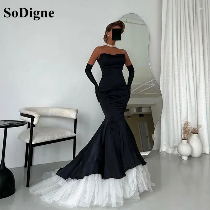 Party Dresses SoDigne Black Mermaid Arabic Evening Long Sleeves Women Prom Dress Tiered Tulle Formal Pageant Gowns Outfit