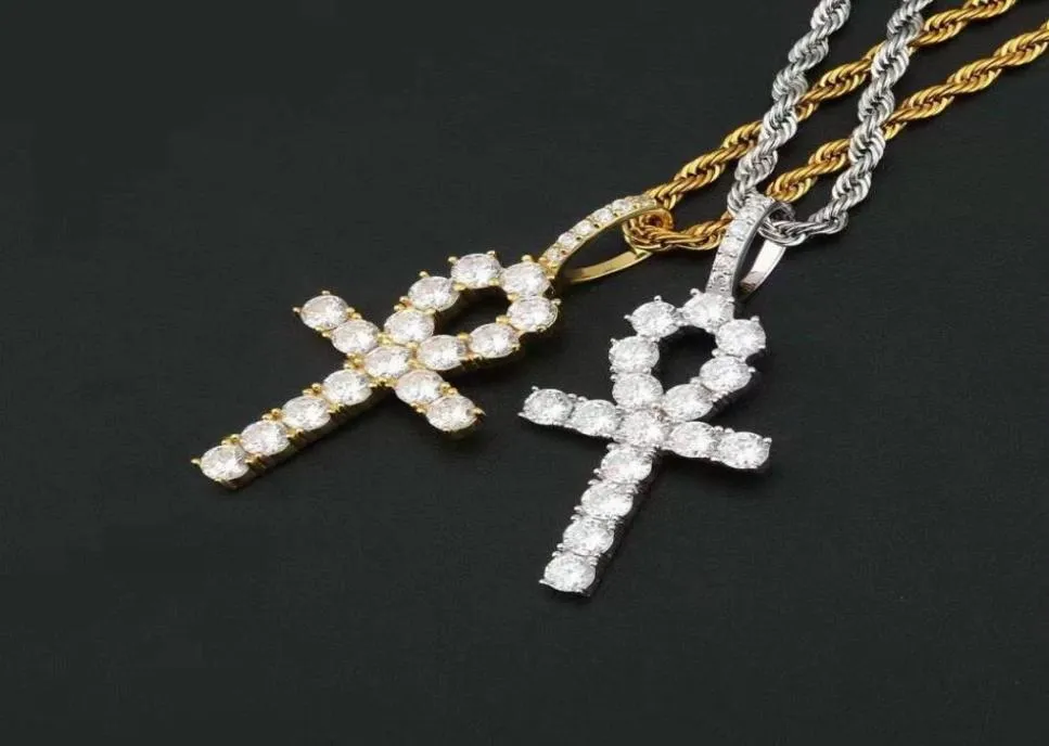 Hip Hop Iced Out Ankh Cross Pendant Colares 925 Sterling Silver Luxury Designer Mens Bling Diamond Pingents Rapper Cha4376536
