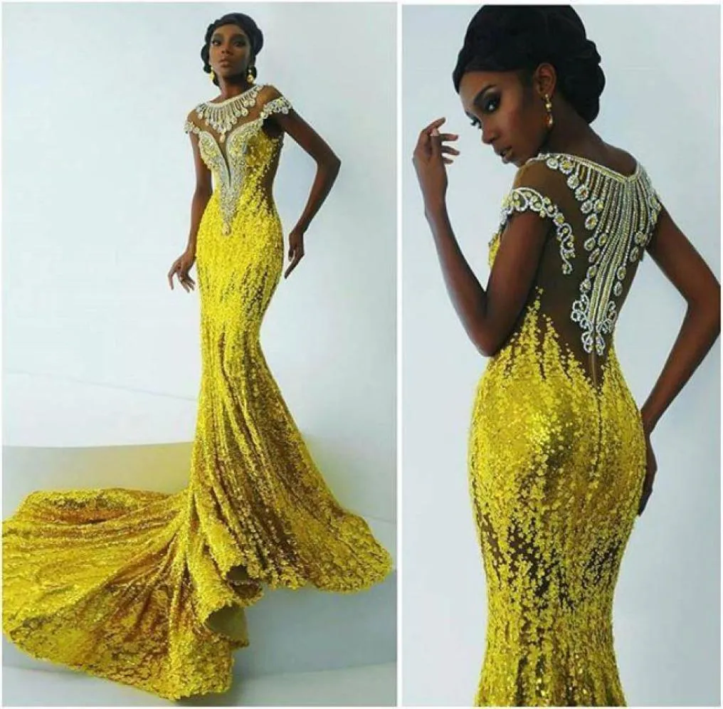 Bright Yellow Lace Mermaid Prom Dresses For Africa Women 2016 Applique Beads Evening Gowns Sweep Train Black Girl Party Dresses1760962