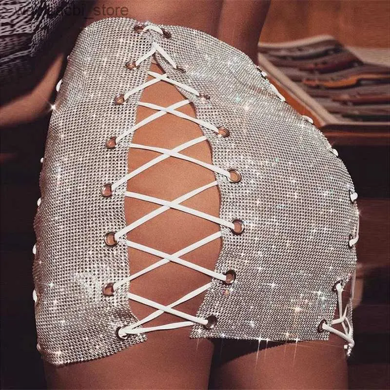 Jupe sexy Luxury paillettes en métal cristal diamants jupes femme creux de diamants en lacet y club-swear club-cercle mini jupe l49