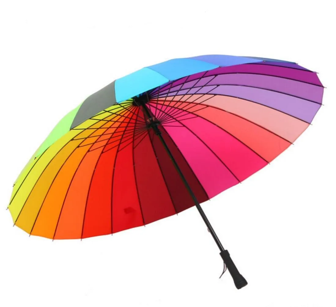 Hochwertige 24 -Tk -Farbregenbogen Mode Langer Griff Straight Sunrain Stick Regenschirm 4713194