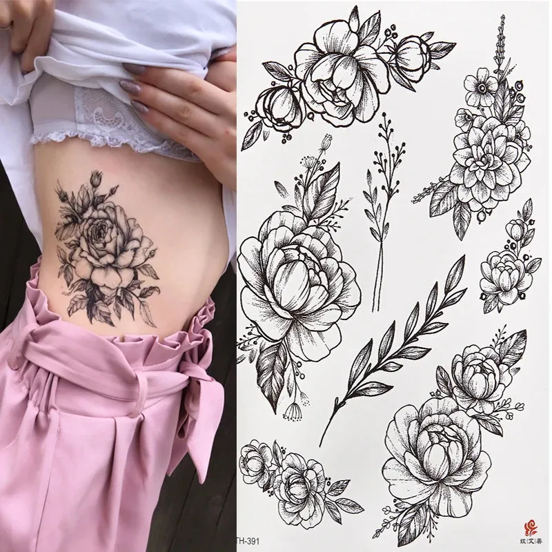 Adesivo de tatuagem temporária à prova d'água Roses preto Padrão de flores Design de braço completo Arte do corpo grande grande falso 1pc 240408