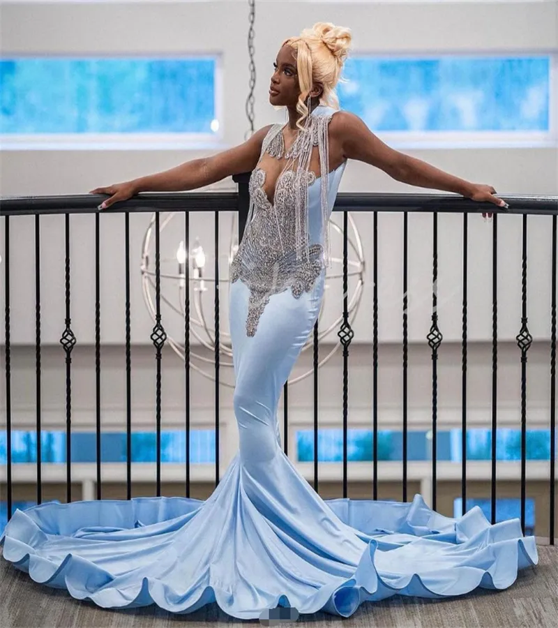 Gorgeous Light Blue Diamond Prom Dresses For Black Girls Trumpet Mermaid African Evening Dress 2024 Tassel Plus Size Formal Party Dress Vestidos De Fiesta Noite