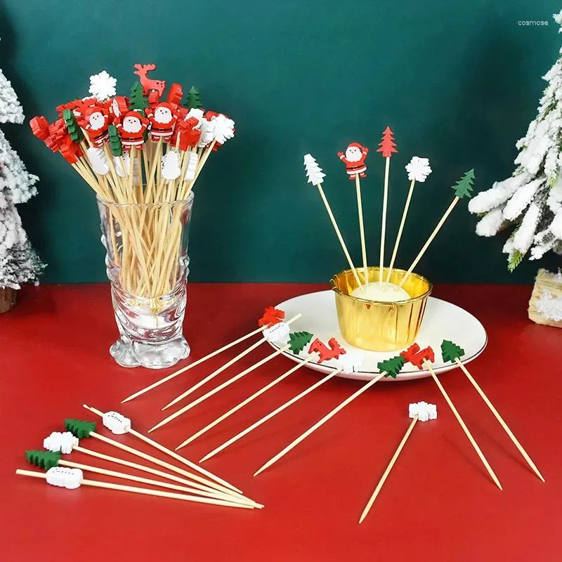Gafflar 100 st jul engångsbambu spett plockar frukt gaffel festdekor kaka dessert sallad pinnar tandpetare spett