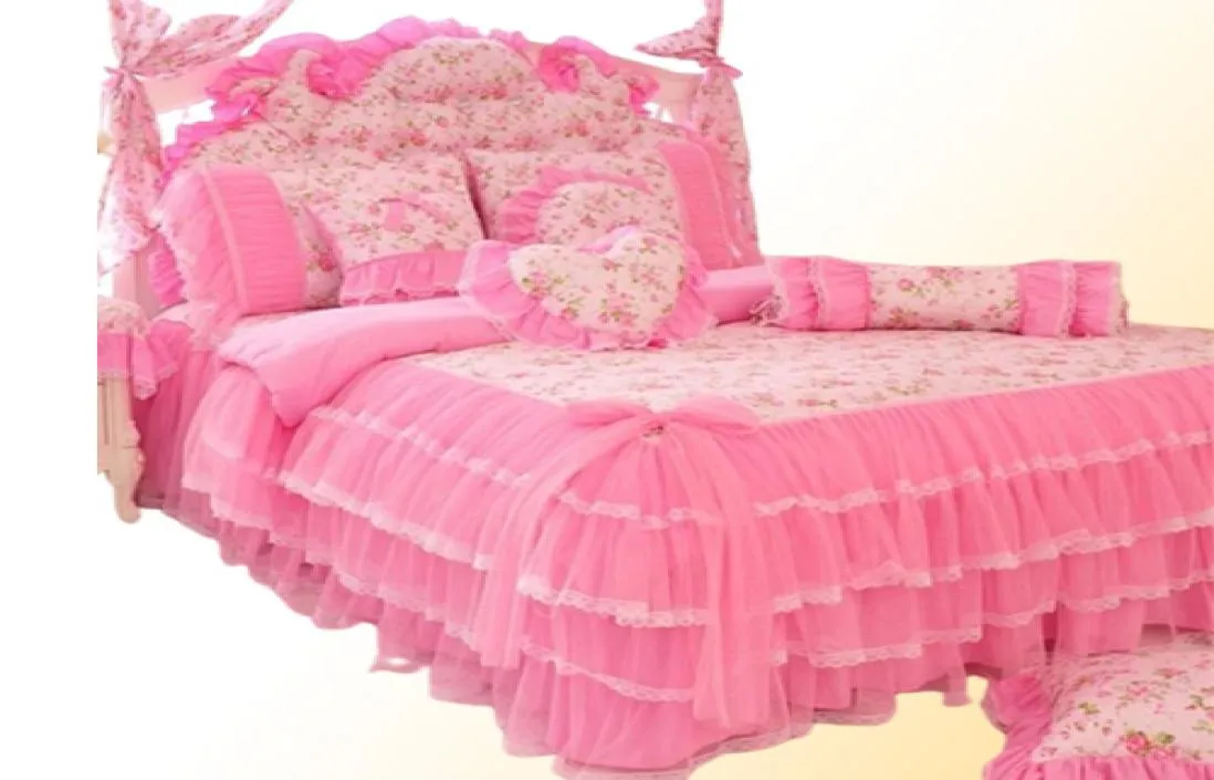 Korean style pink Lace bedspread bedding set king queen 4pcs princess duvet cover bed skirts bedclothes cotton home textile 2012095318861