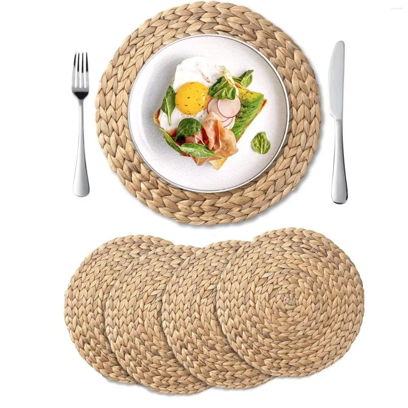 Table Mats 4 Pack Round Woven Placemats Natural Water Hyacinth Place Braided Straw For Dining