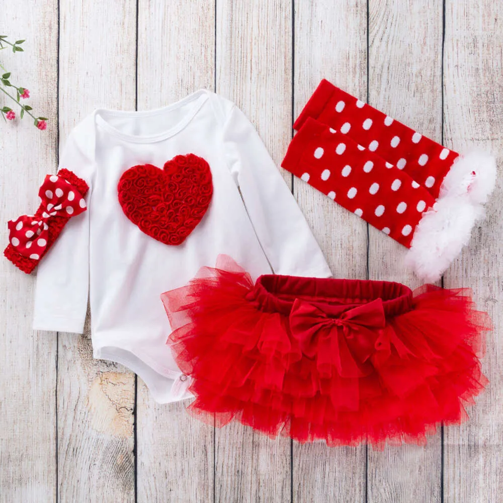 Детская детская одежда, весенняя одежда, детская комбинезон с длинными рукавами, красная шестислойная юбка, пушистая юбка, 4-пенсионный набор