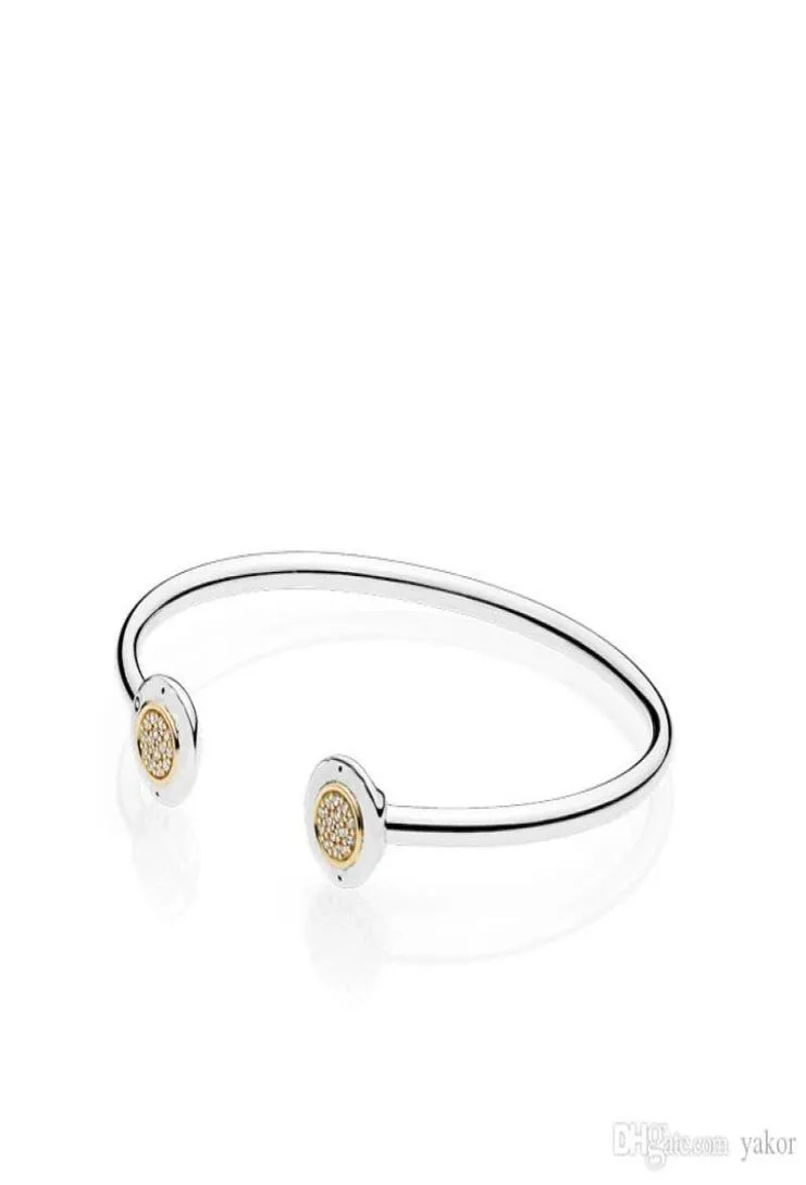 14K Yellow Gold CZ Diamond Disc Open Bangle Bracelet Ensemble de boîte d'origine pour P 925 Bracelets à manchette en argent sterling pour femmes9932995