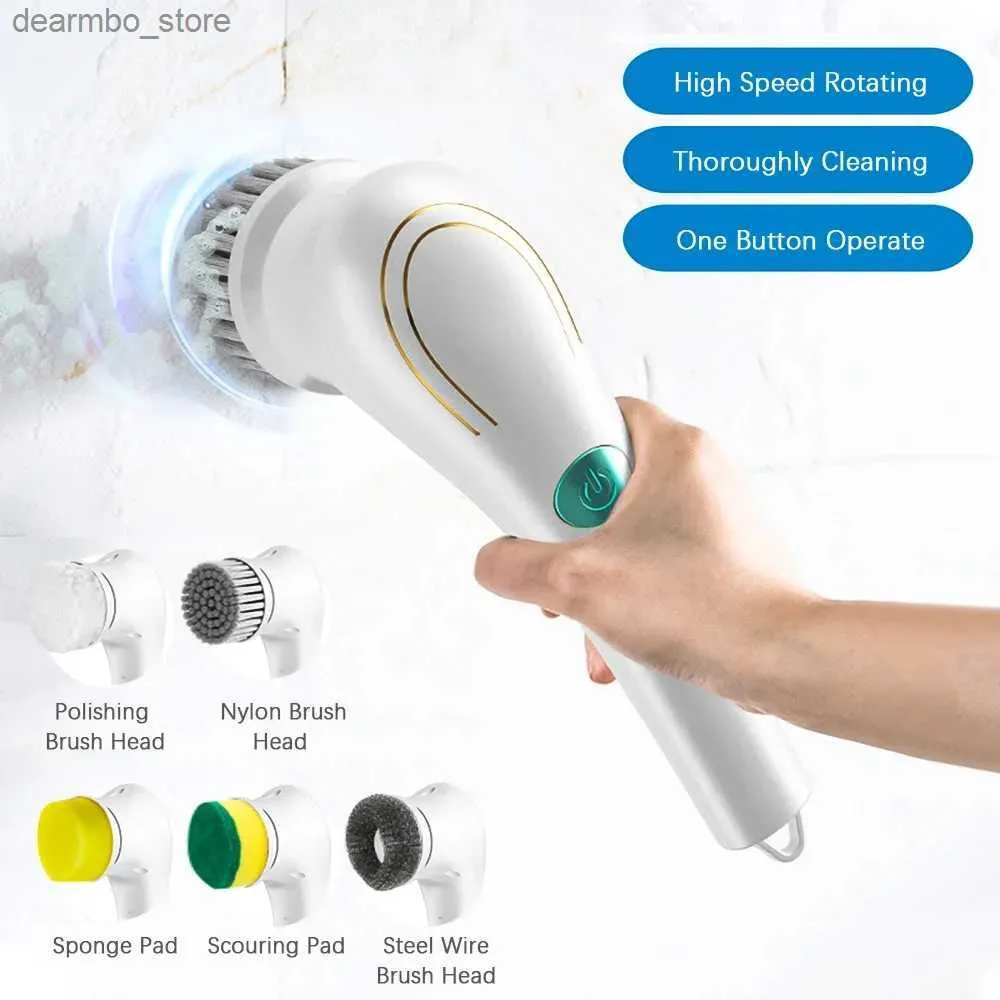 Reinigung von Bürsten elektrische Spin -Reinigungsbürste mit 5 Stcs Köpfen schnurloser tragbares Peelingbürste Handheld Scrubber geeignet für Badezimmer Küchenwerkzeug L49