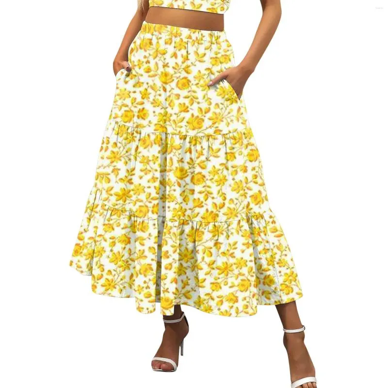 Robes décontractées Femmes Summer Long Boho Printing Elastic Asse plissée une ligne robe de plage de poche à plusieurs niveaux en ligne Ropa de Mujer