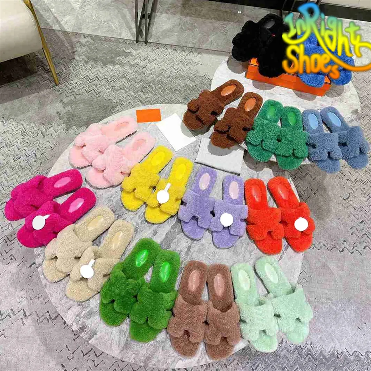 Designer Women Oran Sandals Top Quality Wool Slippers Fur Slide Ladies Fluffy Furry Warm Winter Home Sandals Comfortable Size 35-42