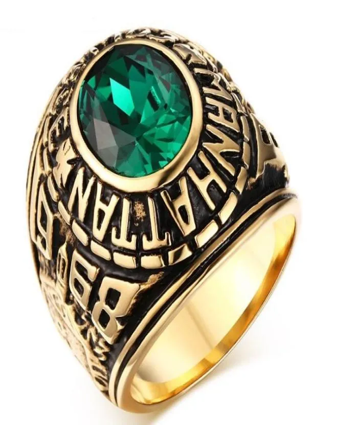 Кольцо в колледже из нержавеющей стали Манхэттен с зеленым CZ Crystal для Mens Women Harduation Giftgold Lated US Size 7111796117