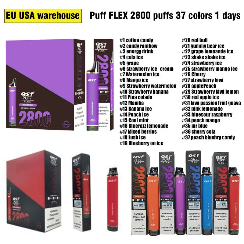 Envoyer d'Europe Warehouse Vape Vape Qst Puff Flex 2800 Puffs 5% Cigarettes 850mAh 5% autorisée 37 ColorsDisposable