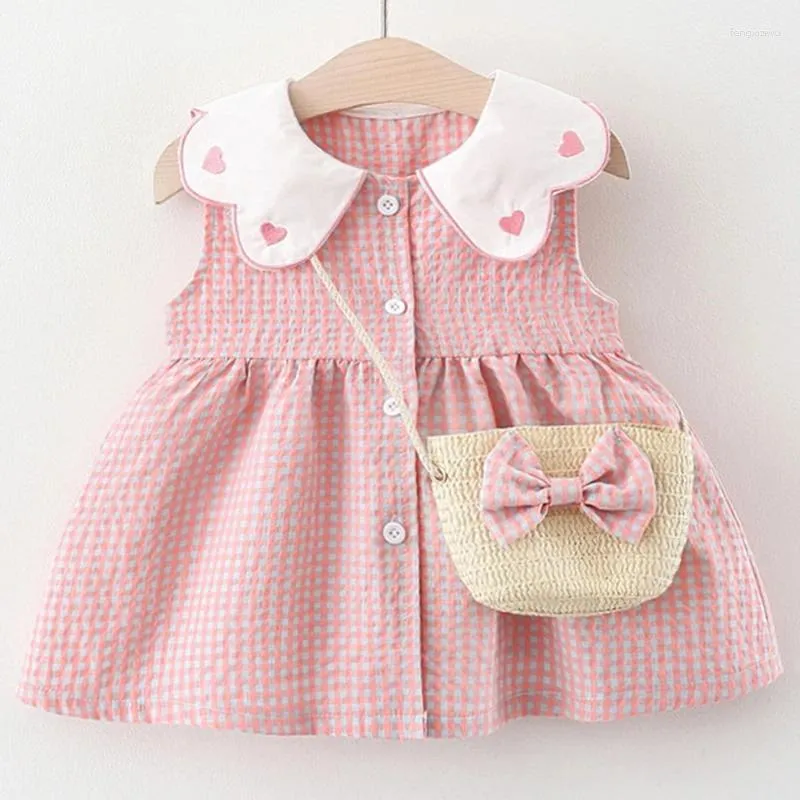 Robes de fille 2 pièces ensembles de filles nés en été vêtements coréens mignon collier plaid plaid sans manches sac à arc bébé