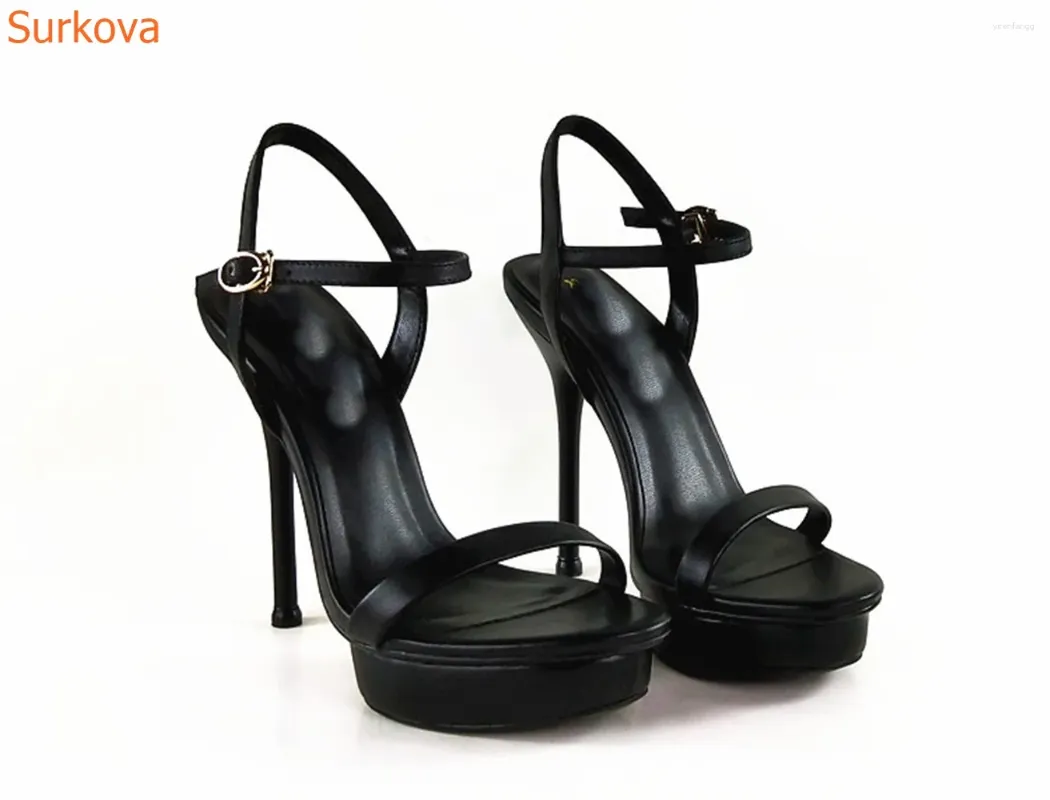 Sapatos de vestido plataforma redonda de pé feminino sandálias sólidas pretas estilete saltos slingback buckle strap runway show de moda sexy festa