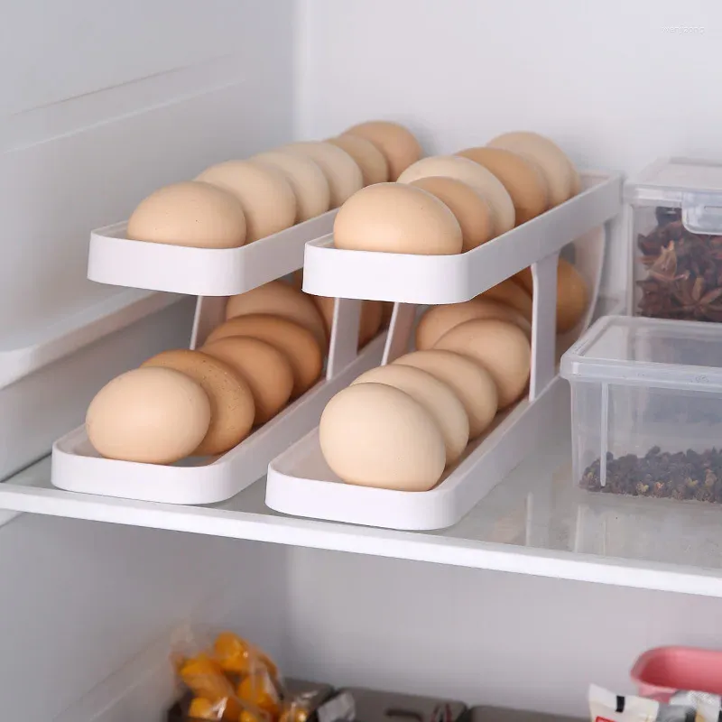 Kök förvaring rullande ägg dispenser kylskåp arrangörer containrar lådan automatisk glidande spiralhållare hem gadget